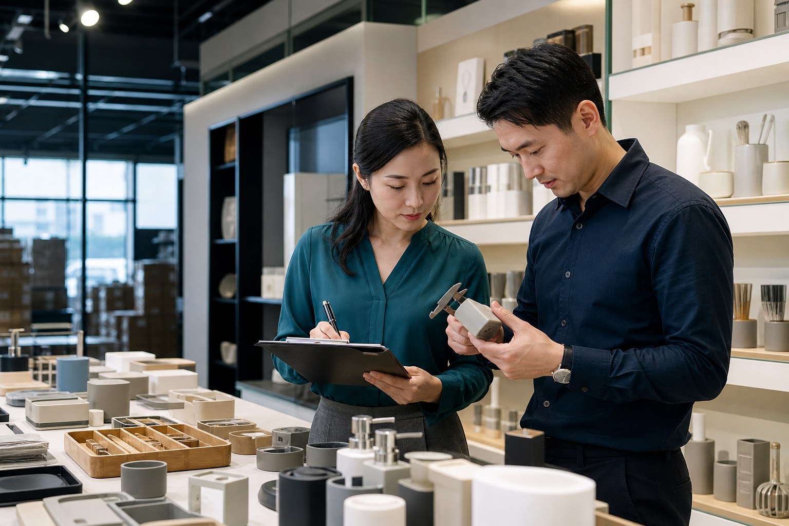 China-based trade specialists checking product samples and specifications